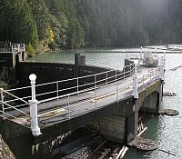 Photo illustrating how a dam can turn a forested area into a reservoir.