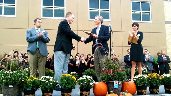 EPA Region 7 Administrator Karl Brooks presents the L.E.A.F.S. award to Walmart and to the Argentine Neighborhood Development Association for the reuse of the Kansas City Structural Steel Site. (September 2014)	 