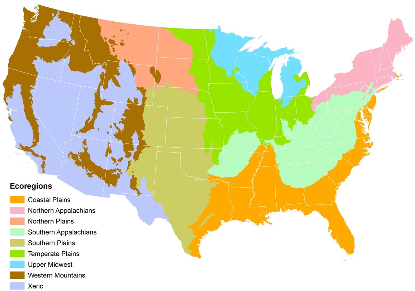 Ecoregional Map of the Conterminous United States showing nine different regions.