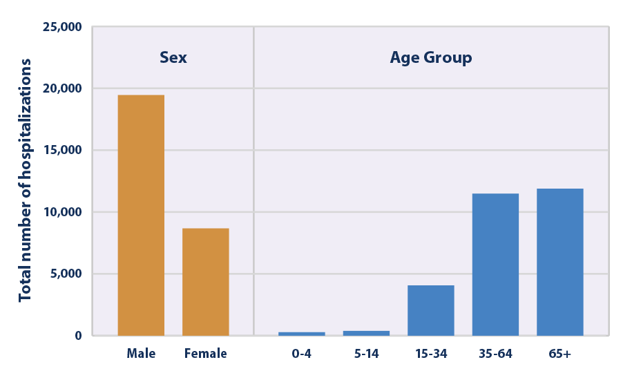 Bar graph showing the total number of&nbsp;heat-related hospitalizations in 20 states by sex and age from 2001 to 2010.