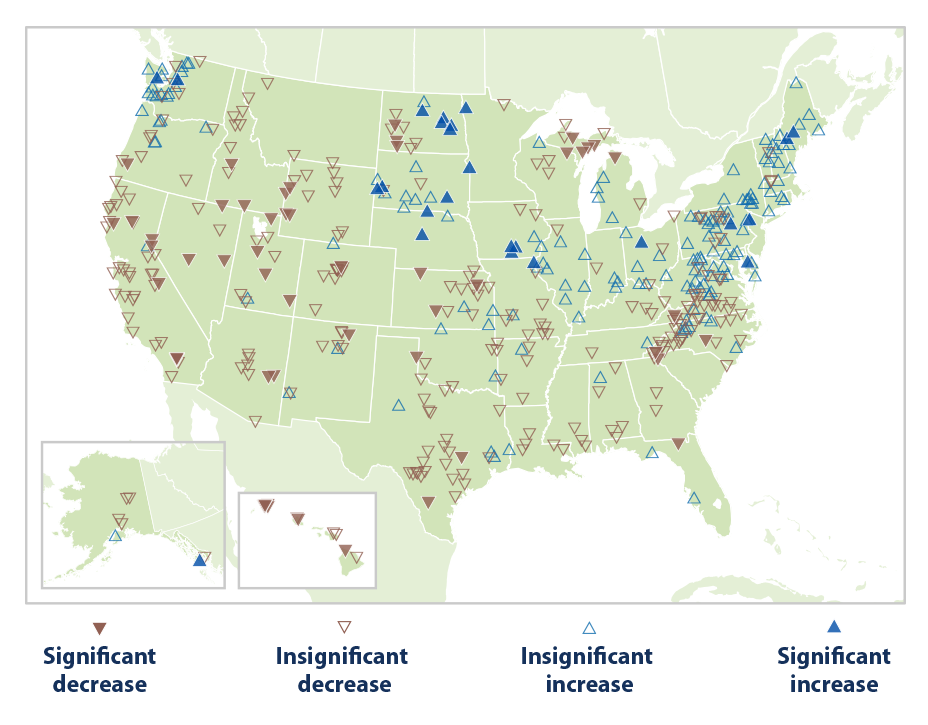 Map showing changes in the frequency of river flooding in the United States from 1965 to 2015.