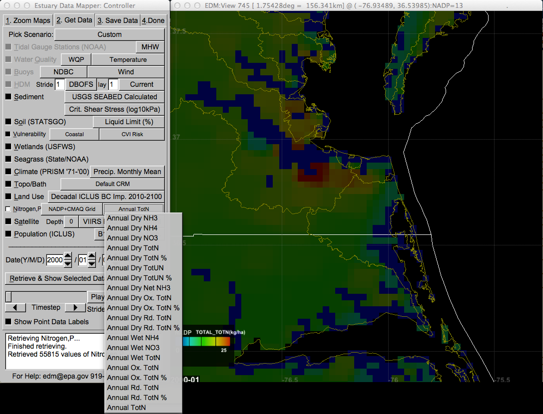 New CMAQ and NADP data variables displayed in the EDM menu, with gridded data rendered in the display window