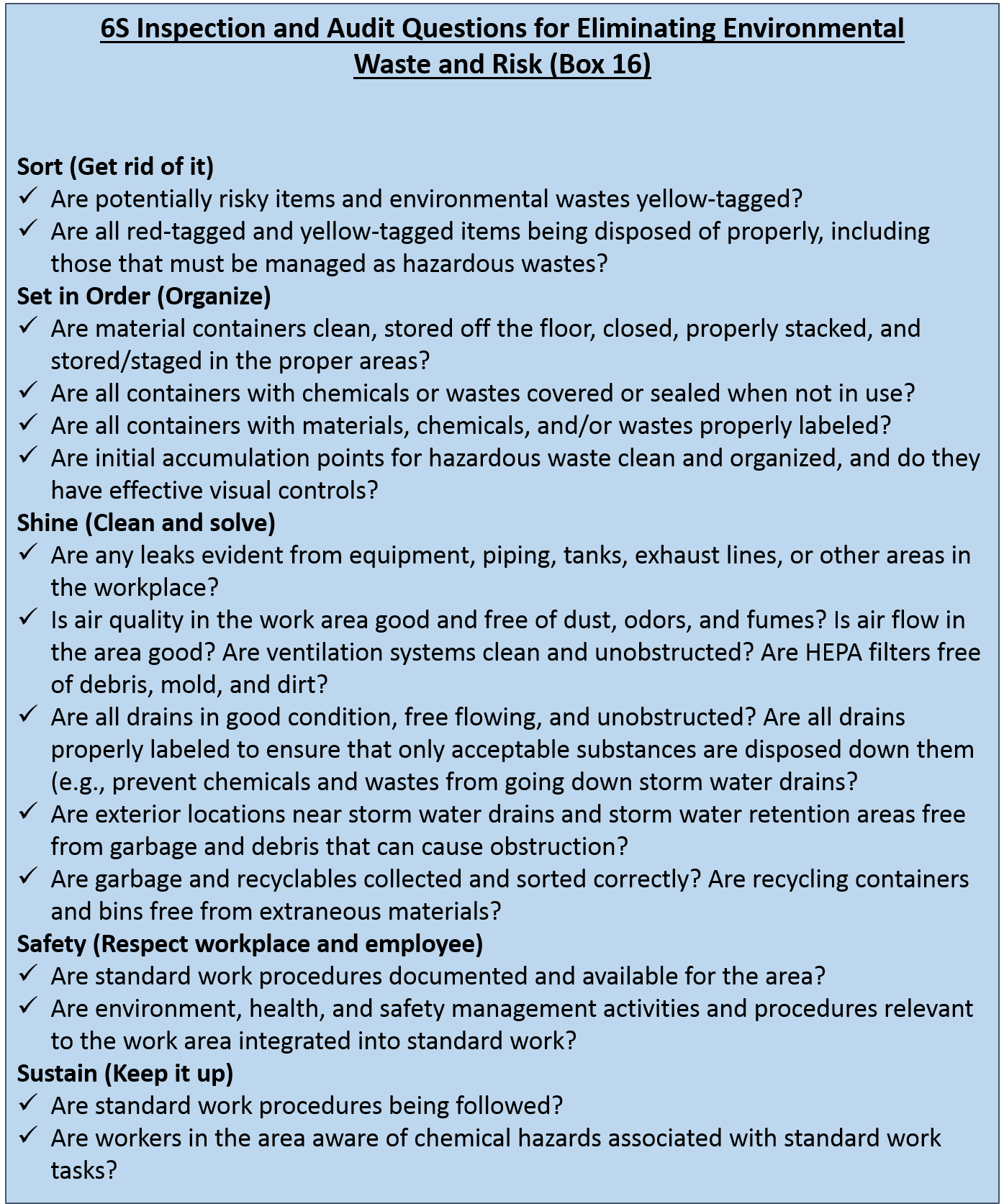 6S Inspection and Audit Questions for Eliminating Environmental Waste and Risk (Box 16)