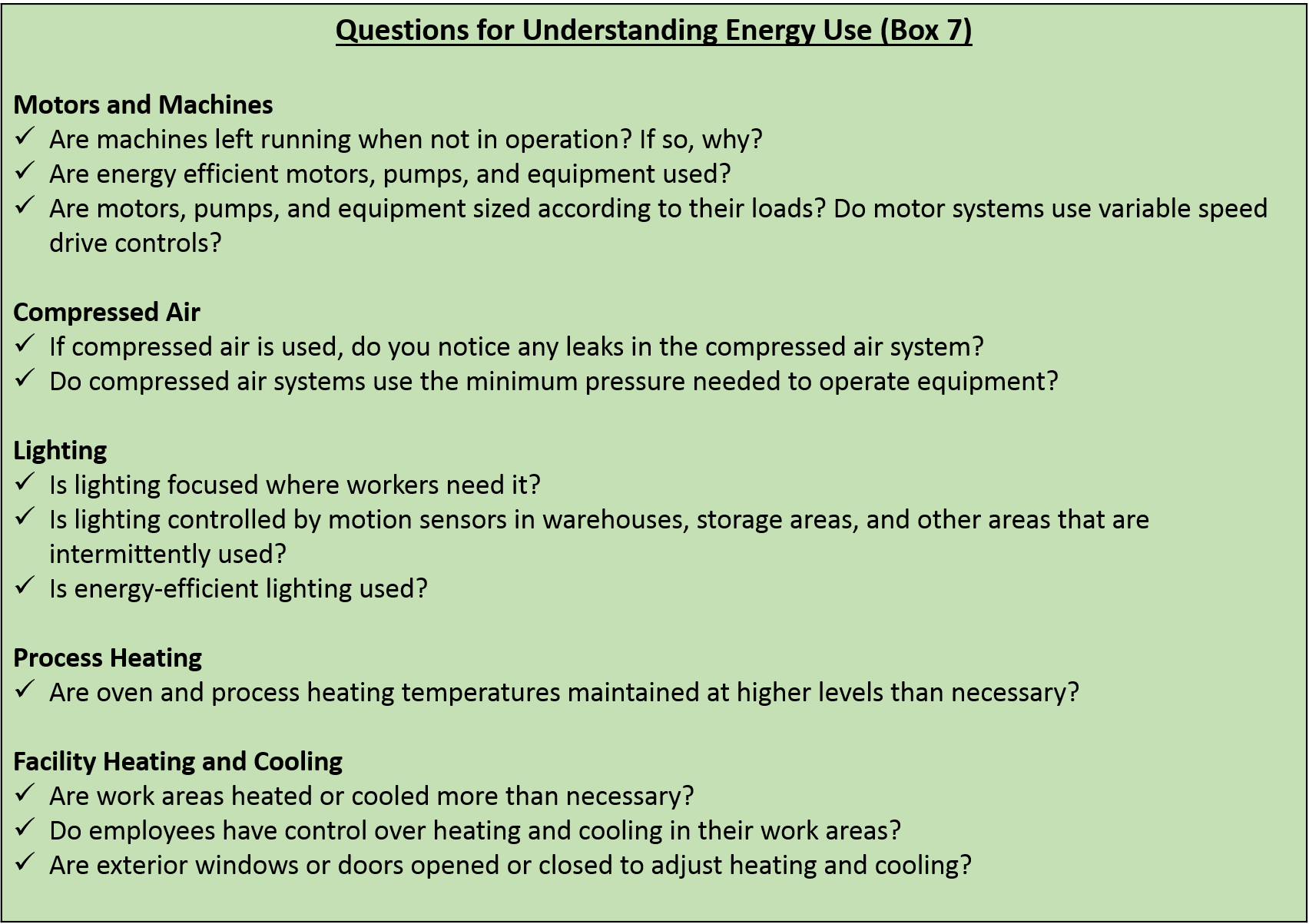 Questions for Understanding Energy Use (Box 7) 