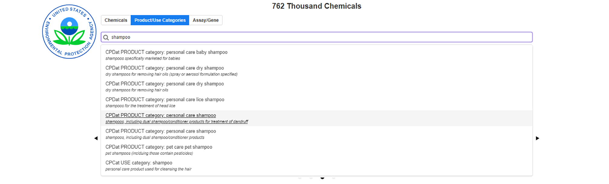 Screenshot of CPDat search in CompTox Chemistry Dashboard