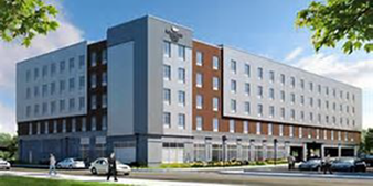 This is an artist's rendering of the Lawrence Metals Sites after cleanup. The rendering's focal point is a red and gray building. Also shown is a parking lot, sidewalk with people walking, and grass and trees.