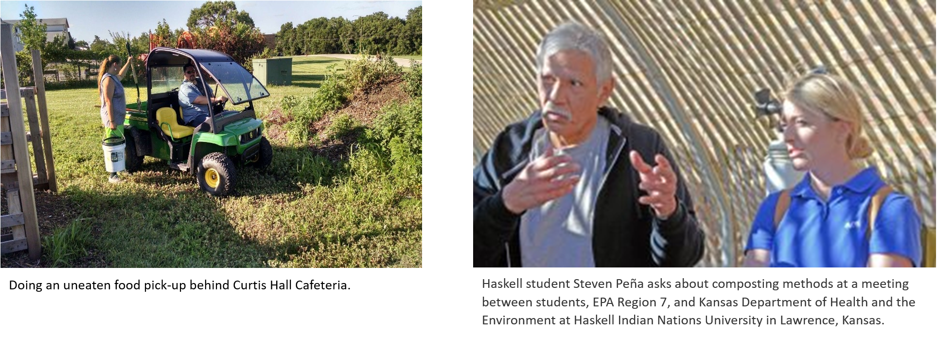 This is a group of two pictures - one of a golf cart that picks up food waste and the other is of two students asking about composting methods.