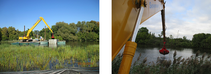 Photo of Dredging of the Menominee River near the yco Plant.and A clamshell dredge seals sediment inside as it is removed.