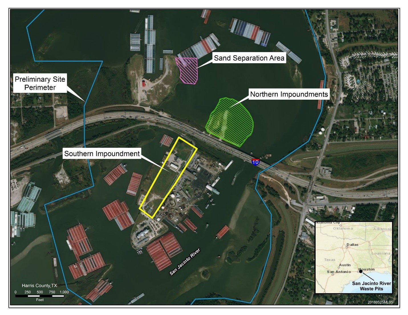 This map shows the location of the San Jacinto River Waste Pits site on the San Jacinto River. It also details different areas including the Preliminary Site Perimeter, Sand Separation Area, Northern Impoundments and Southern Impoundments.