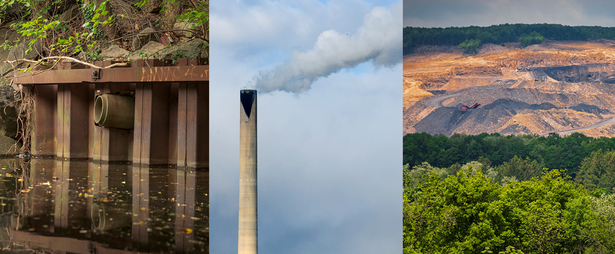 An image of a smokestack, a water discharge pipe, and waste rock at a mine.