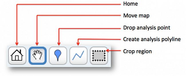 Toolbar with 5 buttons highlighted: Home, Move map, Drop analysis point, Create analysis polyline, Crop region