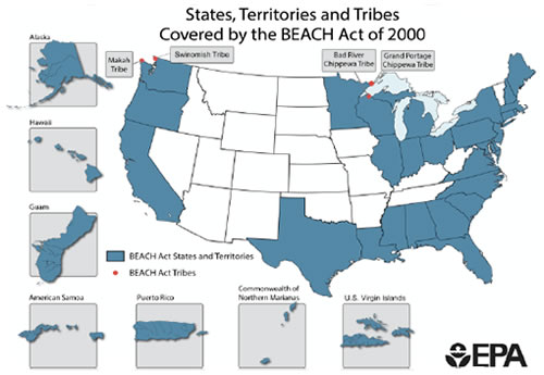 Map of States, Territories and Tribes Covered by the BEACH ACT of 2000. Source: EPA BEACON 2.0 site