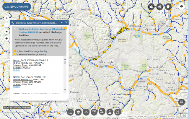 Results of a search for all facilities with permits to discharge materials upstream of a selected point near Pittsburgh, PA