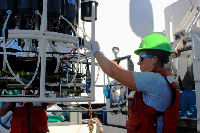 Sea-Bird multi-parameter probe attached to the Rosette water sampler