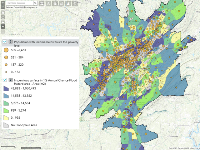 Examples of EnviroAtlas maps for Virginia Beach (top) and Birmingham (bottom) with demographic data overlaid. 