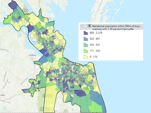 Examples of EnviroAtlas maps for Virginia Beach (top) and Birmingham (bottom) with demographic data overlaid. 