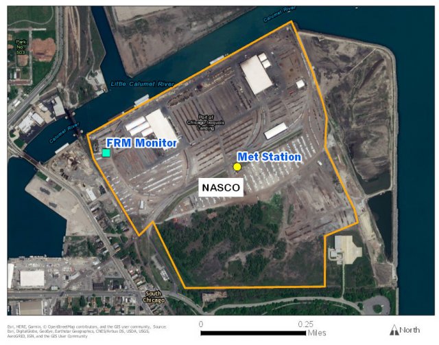 Map of placement of air monitoring stations near North American Stevedoring Company