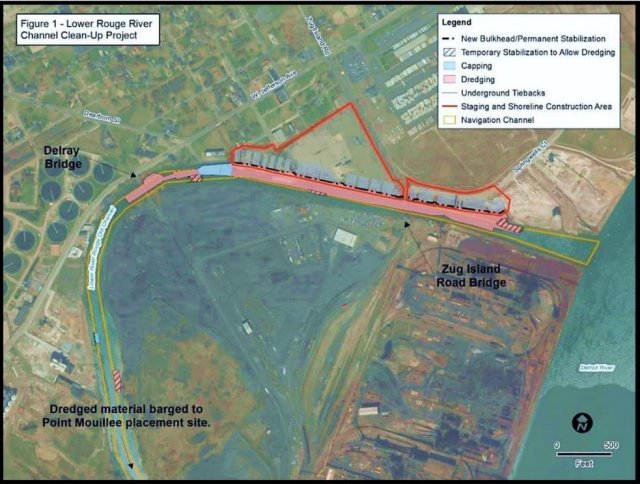 This aerial photo shows the project area and plans for the Lower Rouge River – Old Channel sediment cleanup.