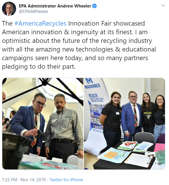 The #AmericaRecycles Innovation Fair showcased American innovation &amp; ingenuity at its finest. I am optimistic about the future of the recycling industry with all the amazing new technologies &amp; educational campaigns seen here today, and so many partners pl