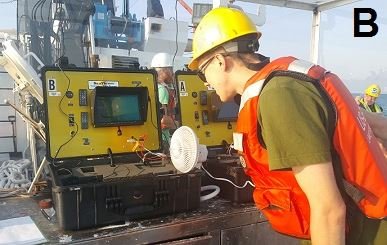 An EPA scientist views underwater video in real time on the deck box during video collection.