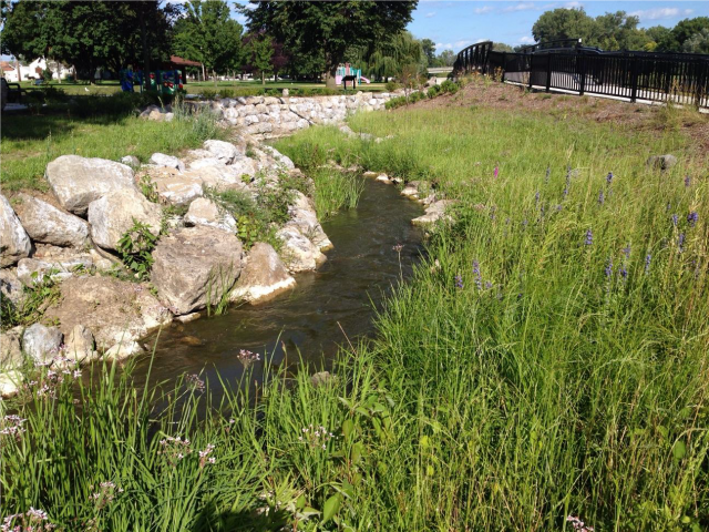 This channel bypasses a dam not removed from the river. Fish are now able to swim around the dam to spawn upstream. 