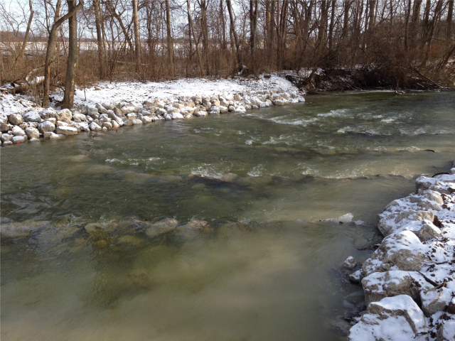 Rock Ramps, pictured here were installed in portions of the river to reproduce the natural river flow while allowing for some dams to be left in place. Photo Credit: City of Monroe, MI