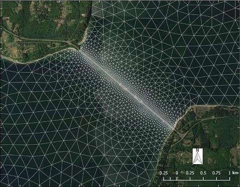 Salish Sea Model grid with refinement near the Hood Canal Bridge in Washington.