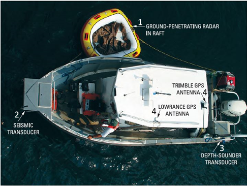 Image of waterborne ground penetrating radar (GPR) data acquisition