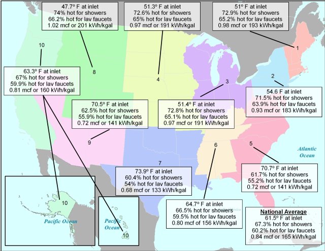 Map of average values (by Census region) used to estimate the energy impact of reduced hot water use. Values are available in the table below.