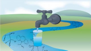 Contaminated stream graphic with chemical formulas flowing to a faucet filling up glass.