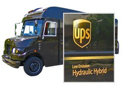 UPS Truck with closeup of Low Emission Hydraulic Hybrid on side of vehicle.