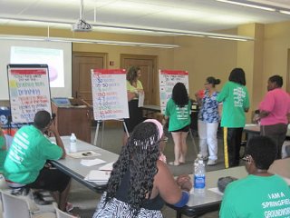 The audience participates in a matching game to gain understanding of water consumption through daily activities such as washing clothes and brushing teeth.