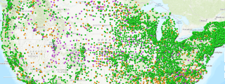 Map of a portion of the US with different dots representing different contractors and recyclers.