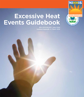 Cover of the Excessive Heat Events Guidebook with a hand screening out the sun that is shining in the sky. 