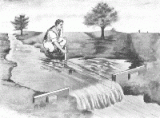 Sketch of someone monitoring a stream near a weir.