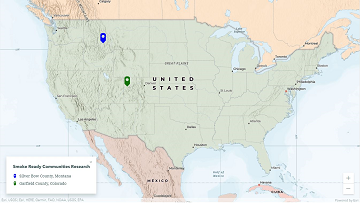 A map of the contiguous United States with the study locations marked: Silver Bow County, Montana and Garfield County, Colorado.