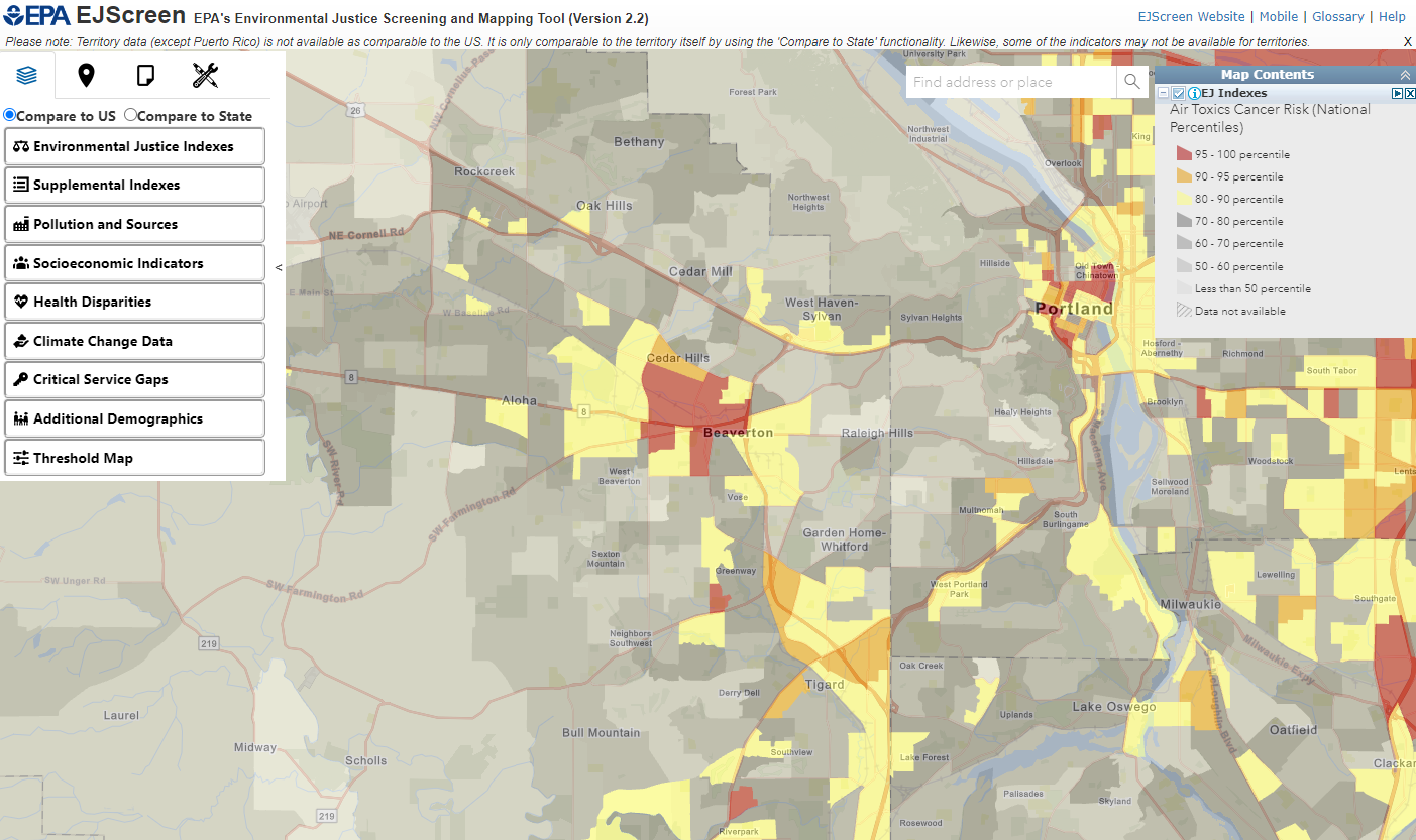 Screenshot of mapping layer from EJScreen tool.