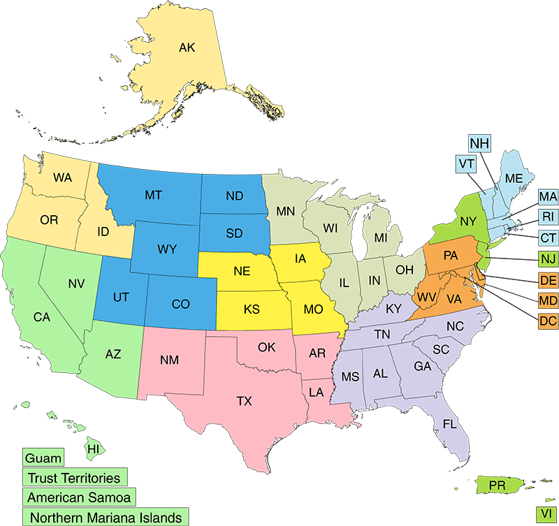 Map of the US, split into EPA regions