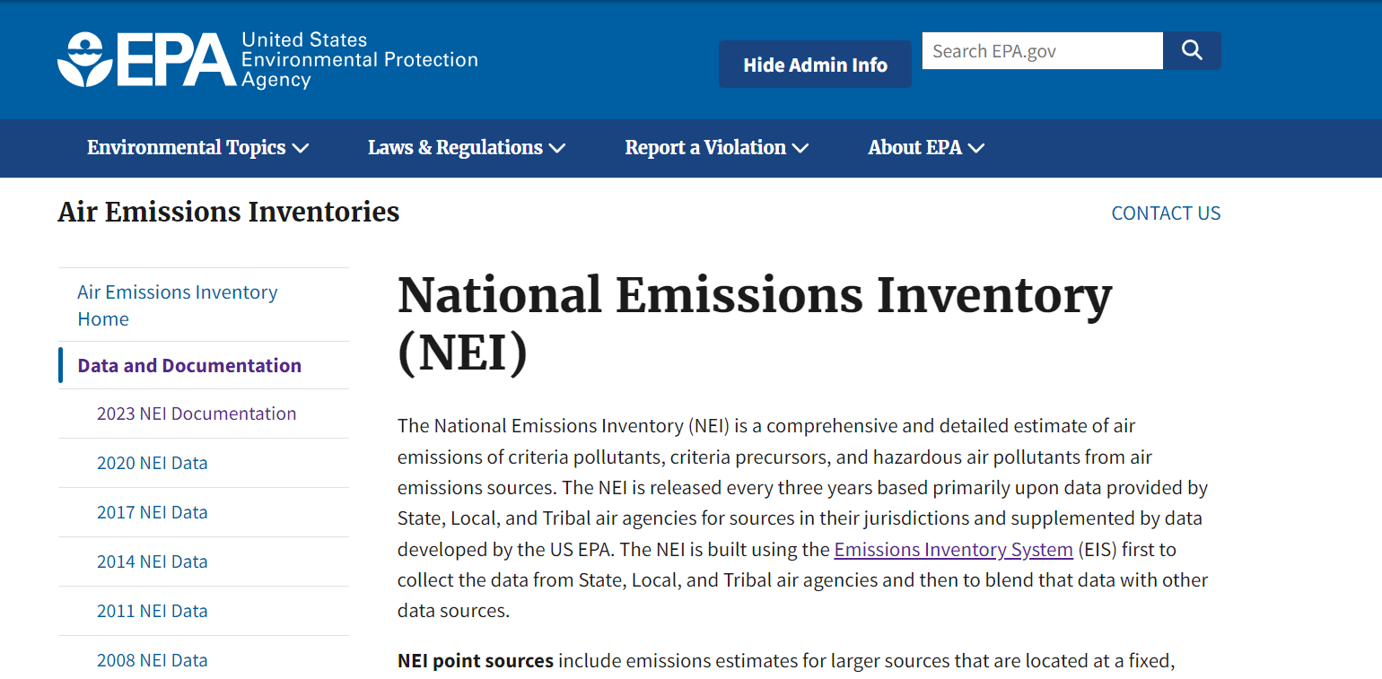 Screenshot of the landing page for EPA's National Emissions Inventory.