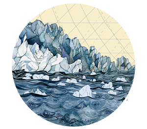 Painting of glaciers in the sea.