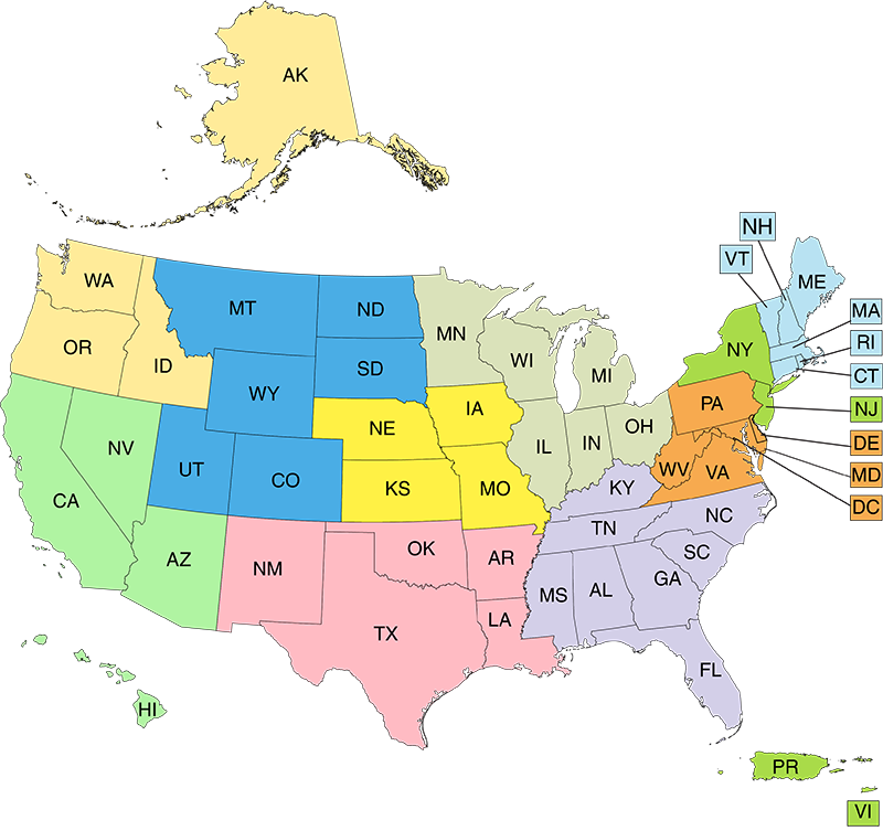 Map of the US, split into EPA regions