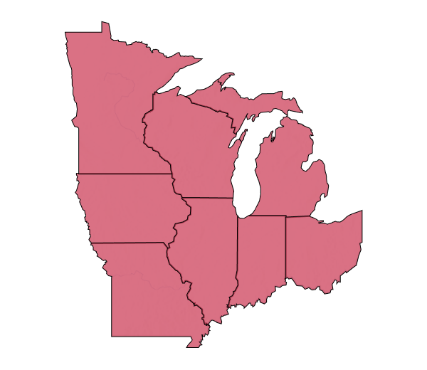 Midwest region, shaded in red