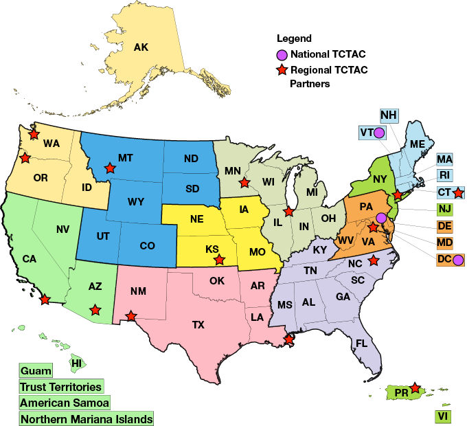 Map of the US and territories with TCTAC Awardees highlighted. Full detail and list of selectees follows