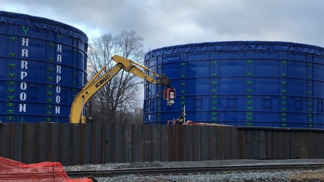 Large blue sheet piling installed