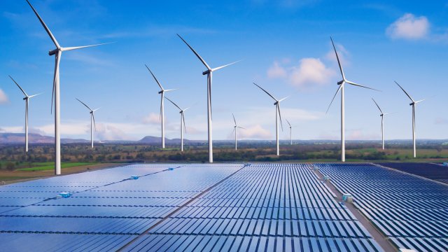 Field of wind turbines and solar panels.