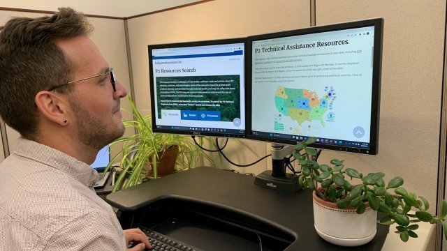 image of man looking a two computer screens