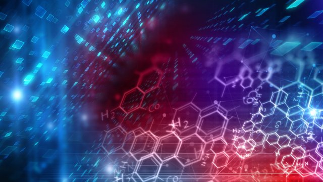 Graphic illustration of molecular structures and chemical symbols