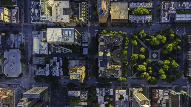 Aerial view of Chicago cityscape on a sunny day