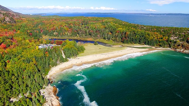 Aerial view of beautiful fall colors of Acadia, Maine