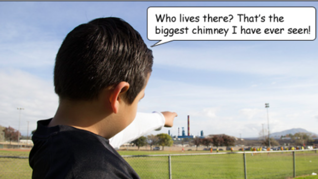 Screenshot from the TRI Storybook. Shows a boy pointing at a smokestack.